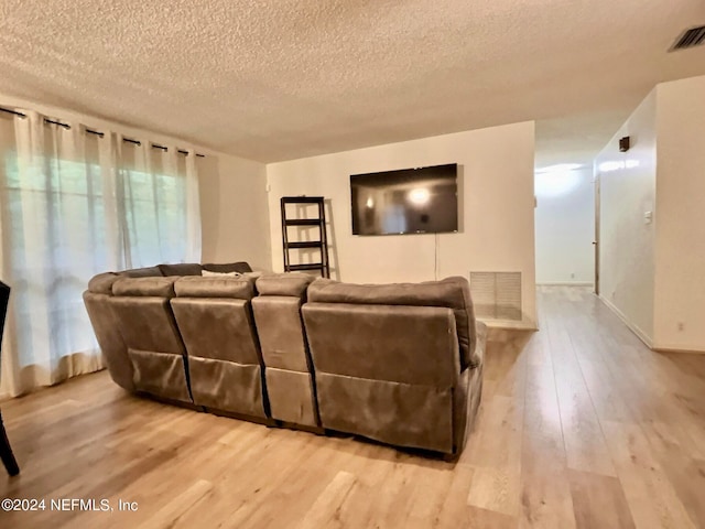 living room with a textured ceiling and light hardwood / wood-style flooring