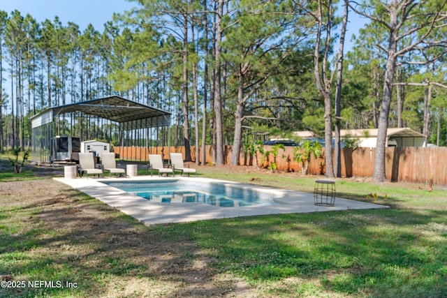 9042 Ford Rd, Bryceville, FL 32009 - view of swimming pool with a fenced backyard, a patio, a fenced in pool, and a lawn