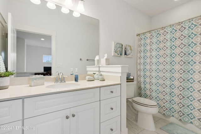 full bath featuring vanity, toilet, a shower with curtain, and marble finish floor