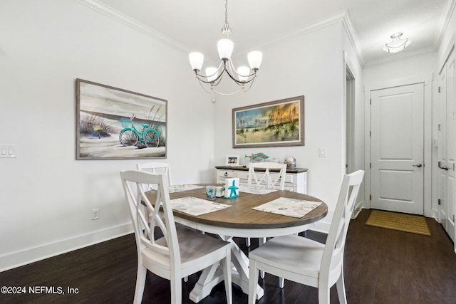 dining space with a chandelier, ornamental molding, baseboards, and dark wood-style flooring