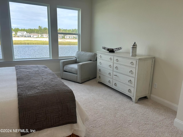 bedroom featuring a water view and light carpet