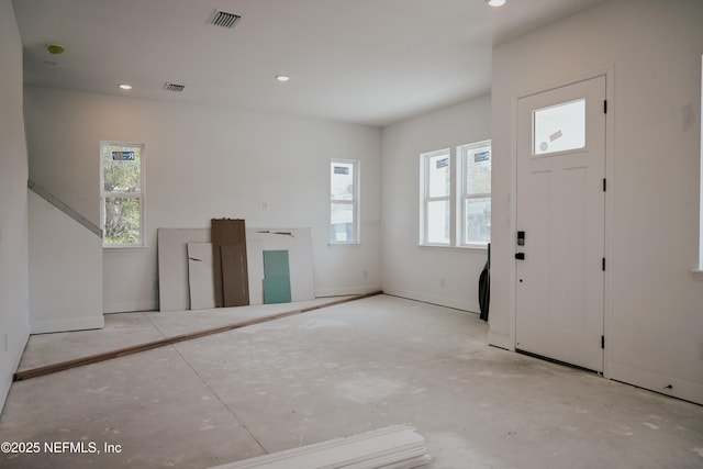 entrance foyer with baseboards, visible vents, and recessed lighting