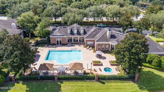 view of swimming pool featuring a gazebo, a yard, and a patio area