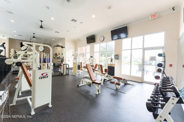 exercise room with crown molding and ceiling fan