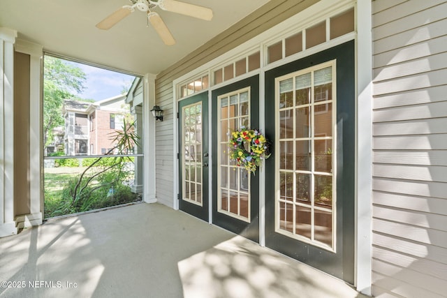 exterior space featuring french doors and a ceiling fan