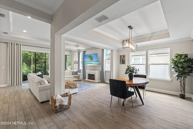 dining area with a tray ceiling and light hardwood / wood-style flooring