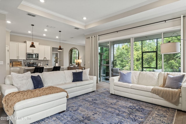 living room featuring dark hardwood / wood-style floors, crown molding, and sink