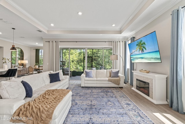 living room with a raised ceiling, hardwood / wood-style floors, and ornamental molding