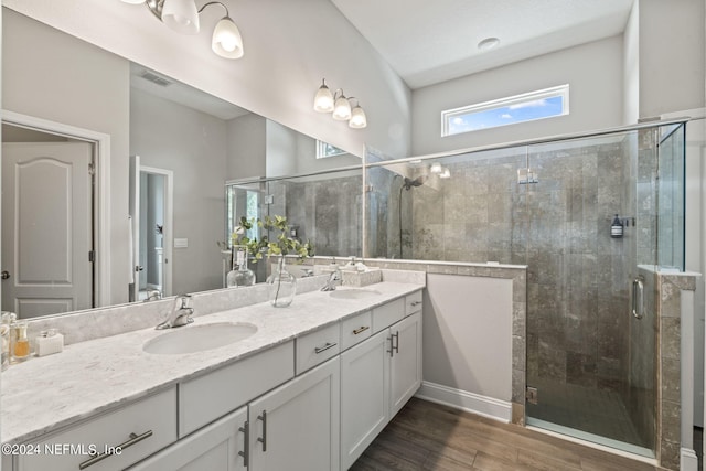 bathroom with wood-type flooring, vanity, and walk in shower