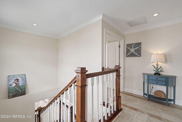 corridor featuring crown molding, recessed lighting, an upstairs landing, and baseboards