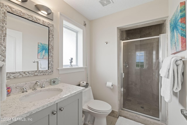 bathroom featuring visible vents, a shower stall, toilet, tile patterned floors, and vanity