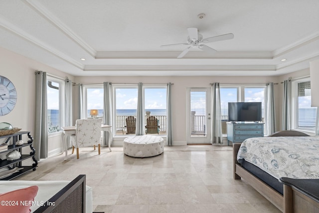 bedroom featuring a raised ceiling, access to outside, baseboards, and ornamental molding