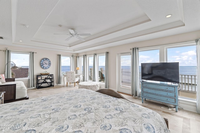 bedroom featuring multiple windows and a raised ceiling