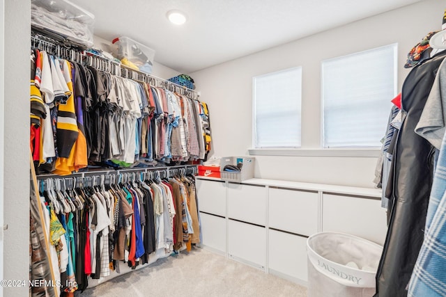 walk in closet featuring light colored carpet