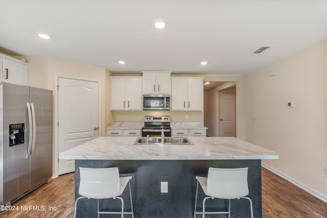 kitchen with visible vents, dark wood-type flooring, stainless steel appliances, white cabinetry, and a sink