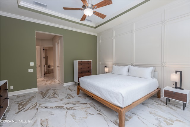 bedroom featuring ceiling fan, a raised ceiling, and ornamental molding