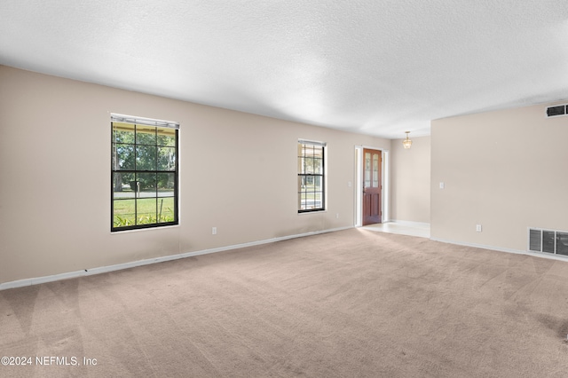 unfurnished room with light colored carpet and a textured ceiling