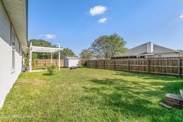 view of yard with a storage shed