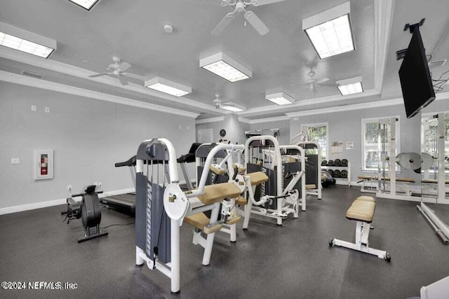 gym featuring ornamental molding and ceiling fan