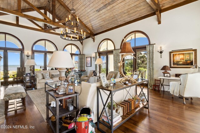 901 Ponte Vedra Blvd, Ponte Vedra Beach, FL 32082 - living room with wood ceiling, a chandelier, high vaulted ceiling, and beamed ceiling