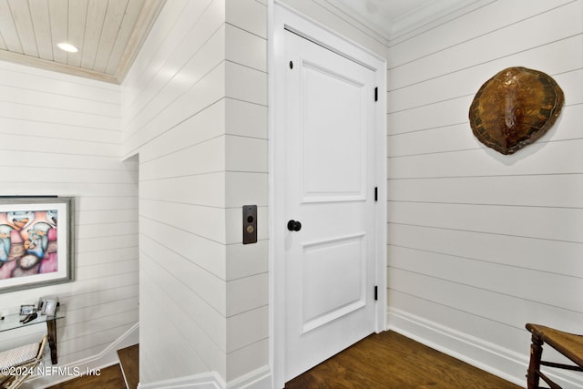 interior space with wood walls and dark wood-type flooring