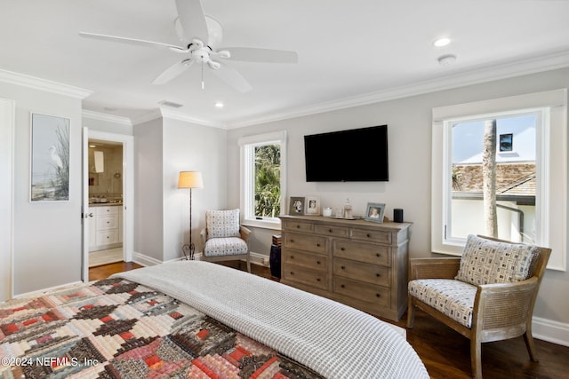 bedroom with multiple windows, dark wood-type flooring, and ceiling fan