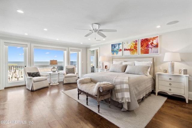 bedroom featuring crown molding, dark wood-type flooring, ceiling fan, and access to exterior