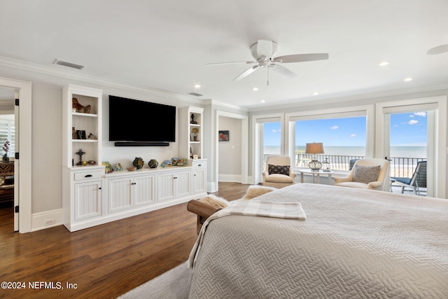 bedroom featuring ceiling fan, dark wood-type flooring, access to exterior, and multiple windows