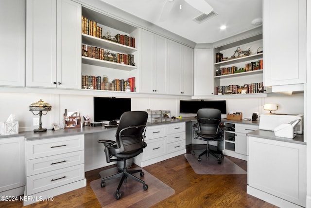 901 Ponte Vedra Blvd, Ponte Vedra Beach, FL 32082 - home office featuring dark wood-type flooring, visible vents, a ceiling fan, and built in study area