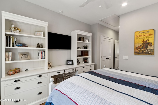 bedroom with ceiling fan and a closet