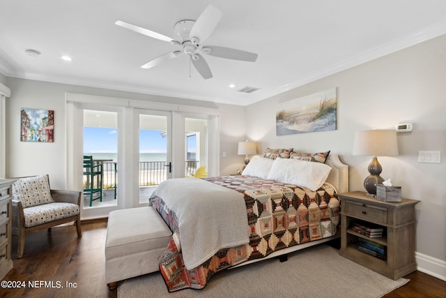 bedroom with dark wood-type flooring, ceiling fan, access to outside, and crown molding