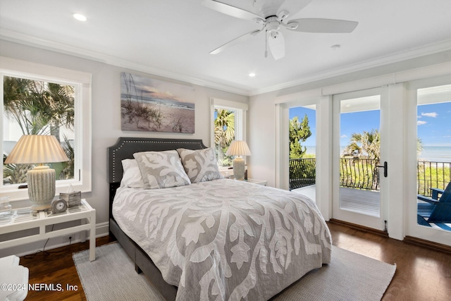 bedroom featuring ceiling fan, crown molding, access to outside, and dark hardwood / wood-style flooring