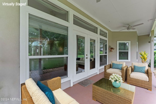 view of patio / terrace featuring ceiling fan, french doors, and an outdoor hangout area