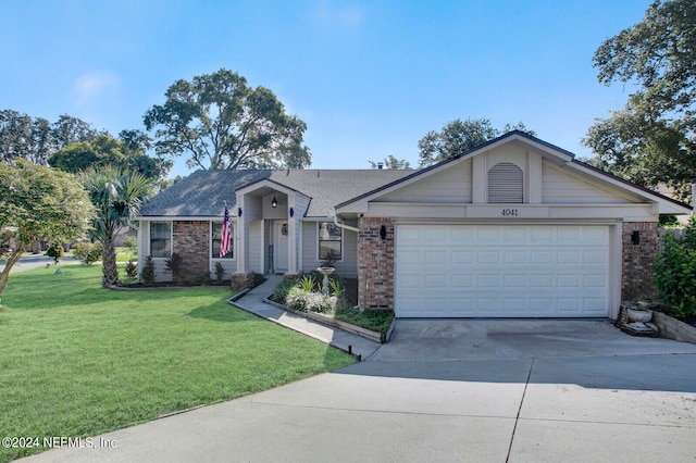 ranch-style house with a front yard and a garage