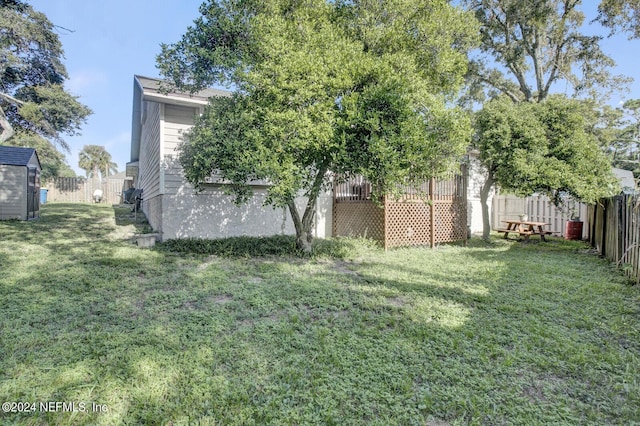 view of yard featuring an outbuilding and a fenced backyard