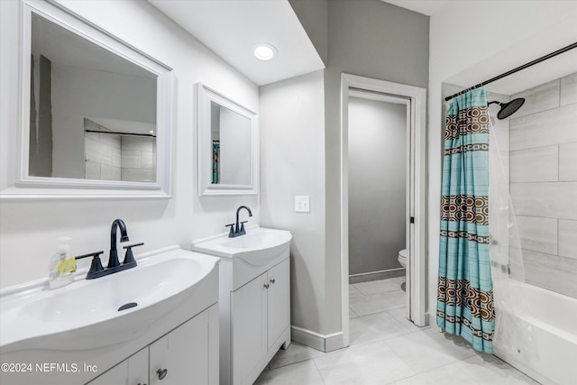 full bathroom with vanity, toilet, shower / tub combo with curtain, and tile patterned floors