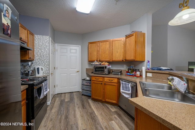 kitchen with range hood, wood finished floors, a sink, and stainless steel appliances