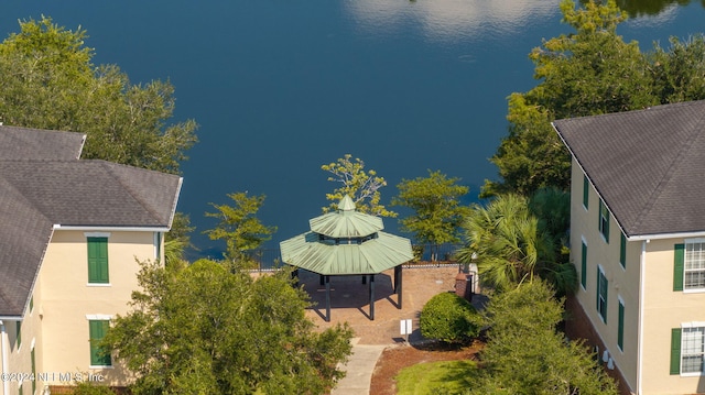 drone / aerial view with a water view