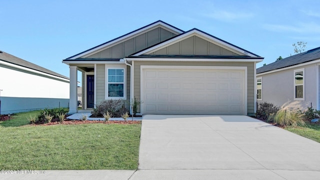 view of front of house with board and batten siding, an attached garage, driveway, and a front lawn