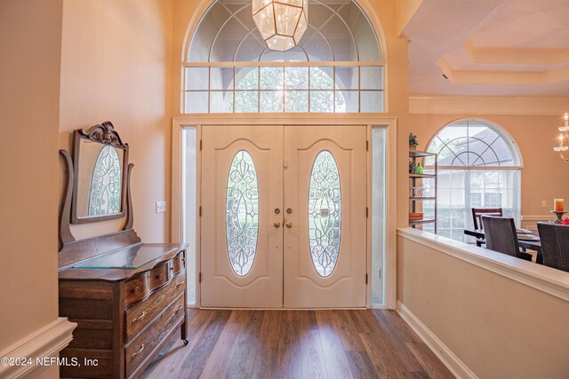 entryway featuring a towering ceiling, dark hardwood / wood-style floors, and a notable chandelier