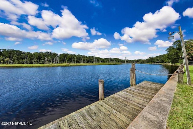 view of dock with a water view and a wooded view