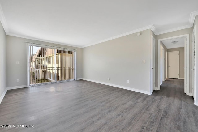 unfurnished room featuring baseboards, dark wood-style flooring, and ornamental molding
