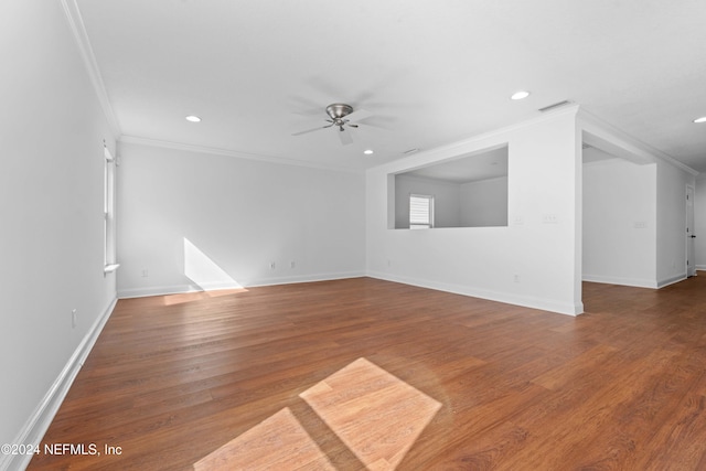 unfurnished living room featuring ornamental molding, hardwood / wood-style flooring, and ceiling fan