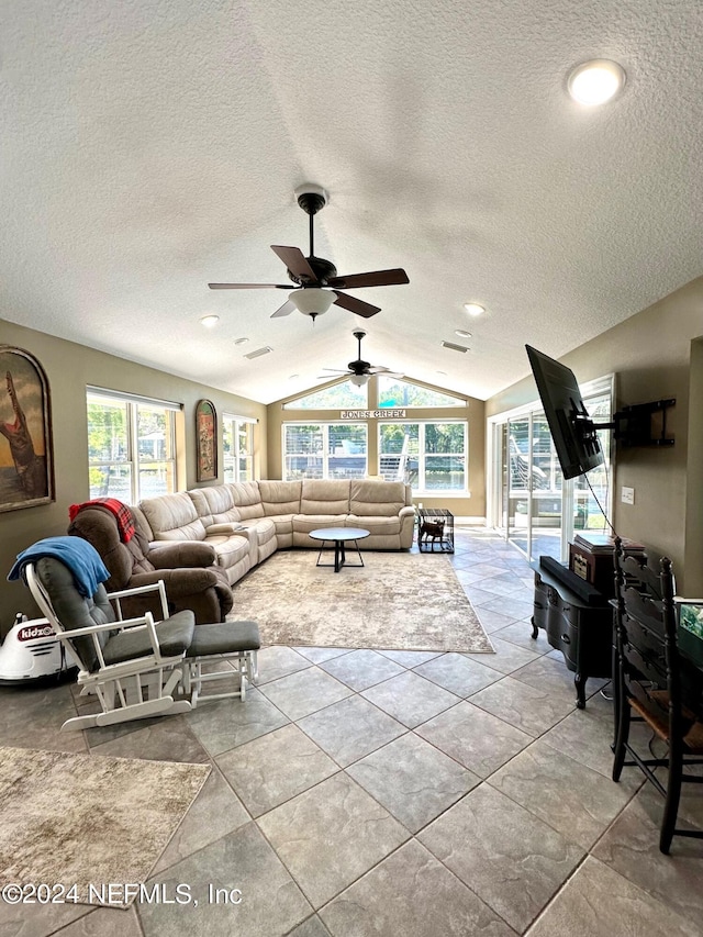 living room with lofted ceiling and a textured ceiling