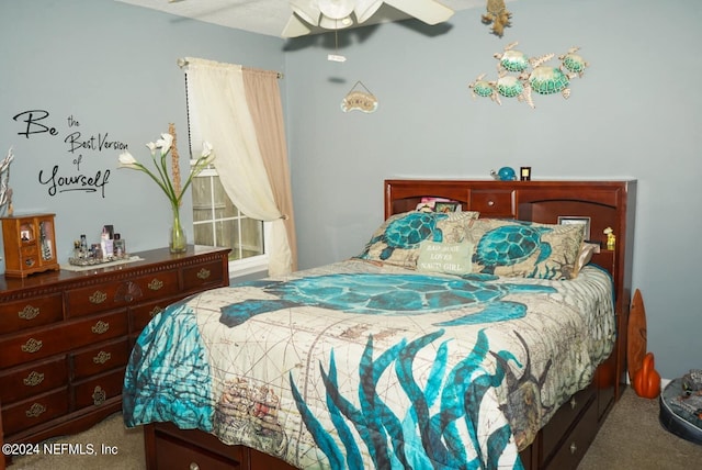 carpeted bedroom featuring ceiling fan