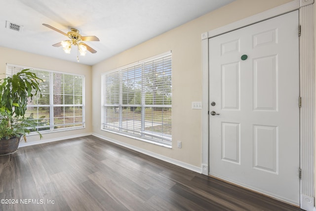 entryway with plenty of natural light, ceiling fan, and dark wood-type flooring