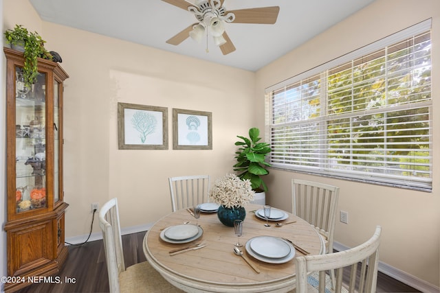 dining space with ceiling fan and dark hardwood / wood-style flooring