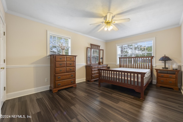 bedroom featuring ceiling fan, dark hardwood / wood-style flooring, and ornamental molding