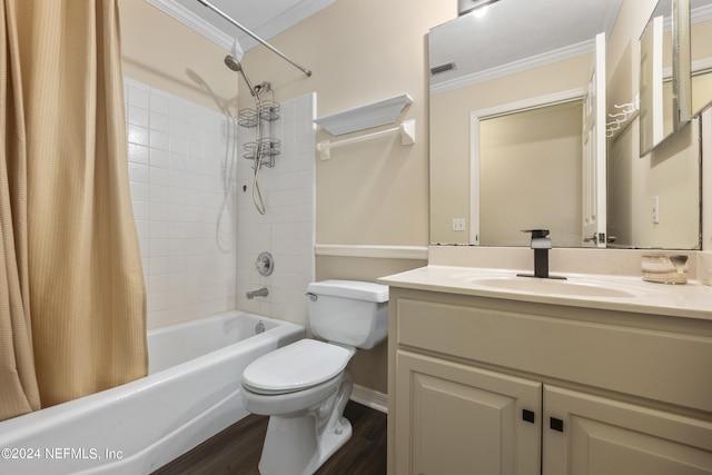 full bathroom with crown molding, shower / bathtub combination with curtain, toilet, wood-type flooring, and vanity