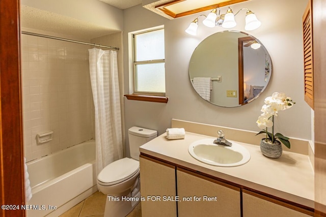 full bathroom featuring vanity, shower / tub combo, tile patterned floors, and toilet